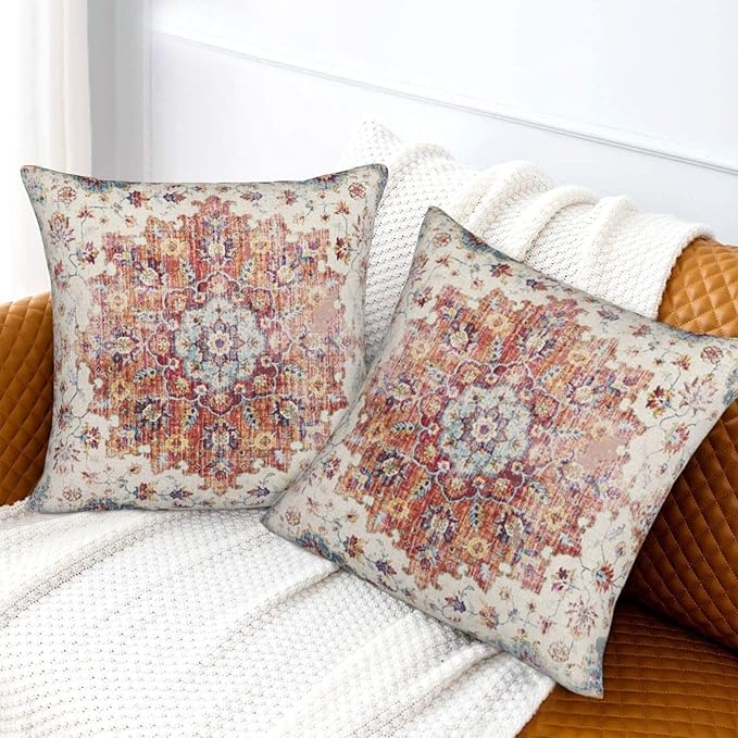 Boho Pillow Covers 20x20 Set of 2, Blue Orange Bohemian Carpet Pattern Outdoor Decorative Throw Pillows Linen Ethnic Design Vintage Farmhouse Cushion Cases for Couch Sofa Decor