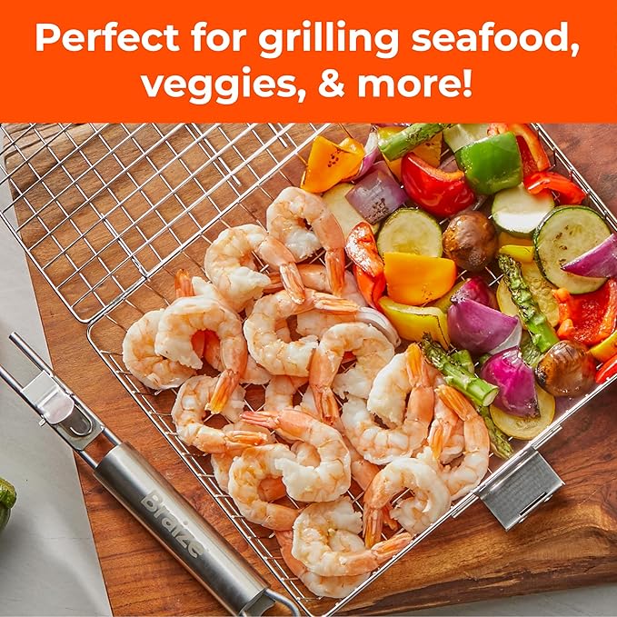 Stainless Steel Large Grill Basket with Removable Handle, Easy Open/Close Lid, Included Silicone Basting Brush & Steel-fiber Scrub Sponge - Perfect for Outdoor Cooking, BBQ, and Camping (12.25 x 9.5 x 1.5 Inches)