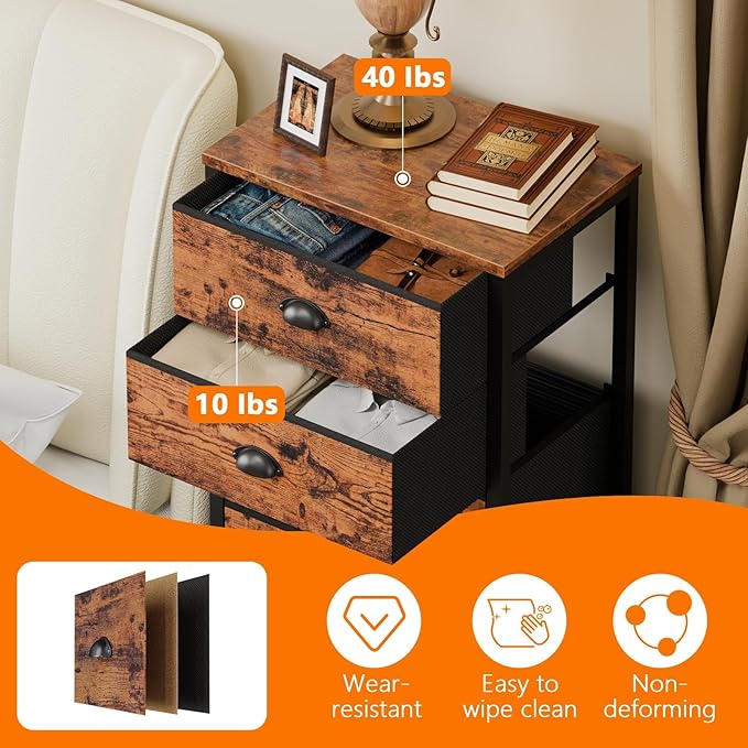 Furnulem Tall Dresser with 6 Drawers,Vertical End Table and Nightstand for Bedroom,Industrial Dorm Bedside Furniture with Fabric Storage Drawer Organizer in Living Room,Closet,Entryway(Rustic Brown)