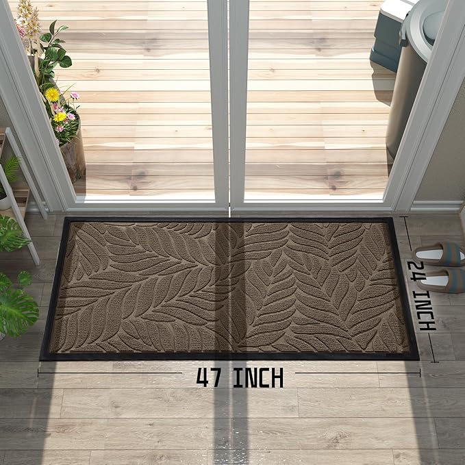 Yimobra Front Door Mat Outdoor Indoor, 47x24 All-Season Waterproof Welcome Mat, All-Weather Outside Entrance Mat, Non-Slip Patio Porch Doormat, Low Profile, Fade Resistant, Brown