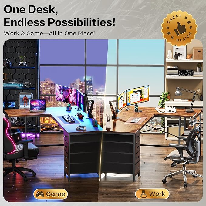 Huuger 63 Inch L Shaped Desk with Fabric Drawers, Computer Office Desk with Power Outlets and USB-C Port, Corner Desk with Storage Shelves, for Gaming Work Study Home Office, Reversible, Rustic Brown