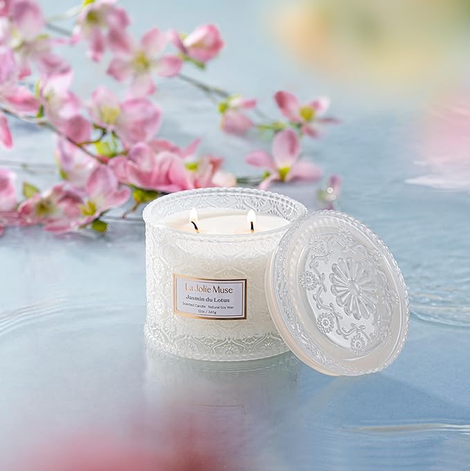 LA JOLIE MUSE Jasmine Candle, Scented Candles for Home, Large 2-Wick Soy Candles, Luxury White Candle Gifts for Women & Men, 60 Hours Long Burning, 12oz