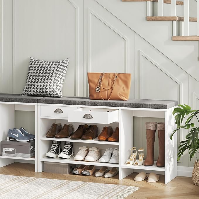 Maupvit Shoe Storage Bench with Cushion, Shoe Bench with Padded Seat, Entryway Storage Bench with Drawer, 2 Compartments, Wood Shoe Rack for Bedroom, Closet, Living Room, Hallway (White)