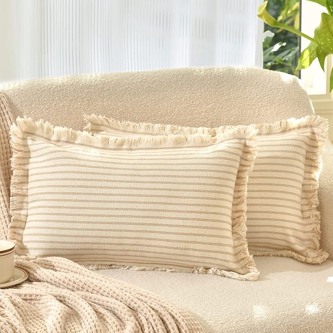 ZWJD Throw Pillow Covers 12x20 Set of 2 Striped Pillow Covers with Fringe Chic Cotton Decorative Pillows Square Cushion Covers for Sofa Couch Bed Living Room Farmhouse Decor