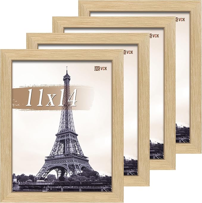 VCK 11x14 Picture Frame Set of 4 - Oak, Gallery-Quality Wood Poster Frames, 1.1-Inch Wide Border, Polished Plexiglass, Vertical or Horizontal Wall Display for Photo/Art/Prints, Natural Oak