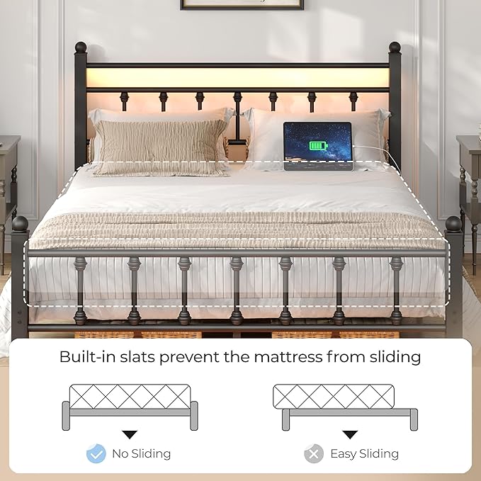Full Bed Frame with Smart LED Lights, Storage Headboard and USB Charging Station,Heavy Duty Wooden Slats, No Box Spring Needed, Noise Free, Easy Assembly (Retro Black, Full)