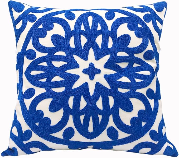Alysheer Embroidered Decorative Throw Pillow Cover 18x18 inch, Classic Boho Mandala Chic Knit Pattern, 100% Cotton Canvas Cozy Cushion Case for Sofa Couch Living Room Bedroom(Royal Blue)