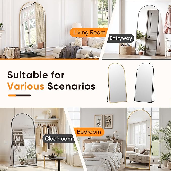Suidia Full Length Mirror, 71"x28" Floor Standing Mirror Freestanding, Full Body Mirrors with Stand for Bedroom, Hanging Mounted for Living Room Cloakroom, Gold, Arched Style