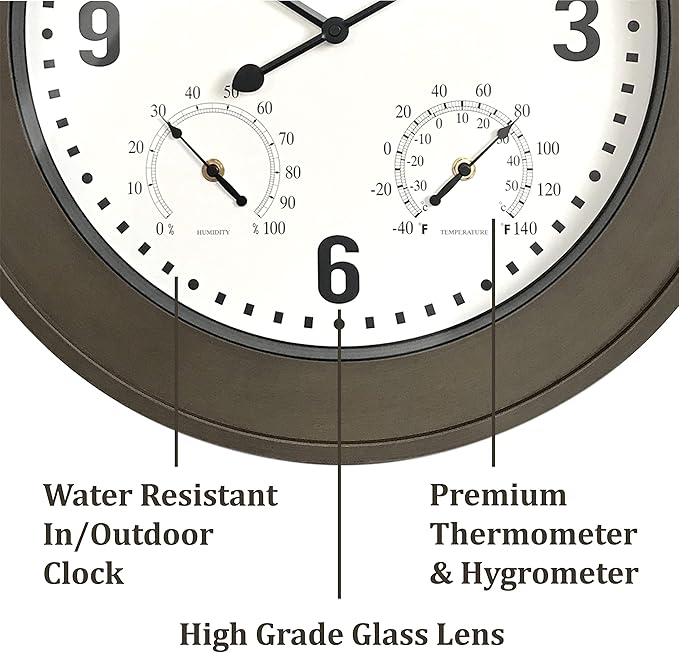 Presentime & Co. 20" Bradford Indoor/Outdoor Farmhouse Clock with Weather Station, Faux Barnwood Finish