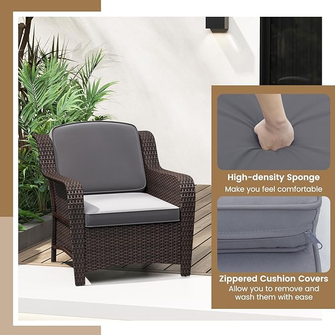 Tangkula 3 Pieces Outdoor Patio Furniture Set, Patiojoy PE Rattan Wicker Chairs with Cushions and Tempered Glass Coffee Table, Outdoor Wicker Conversation Bistro Set for Porch, Balcony, Garden (Gray)