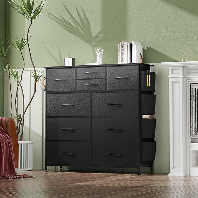 10 Drawer Dresser, Chest of Drawers for Bedroom, PU Dresser with Side Pockets, Hooks, Wooden Top and Sturdy Metal Frame for Living Room, Closet, Hallway (Black)