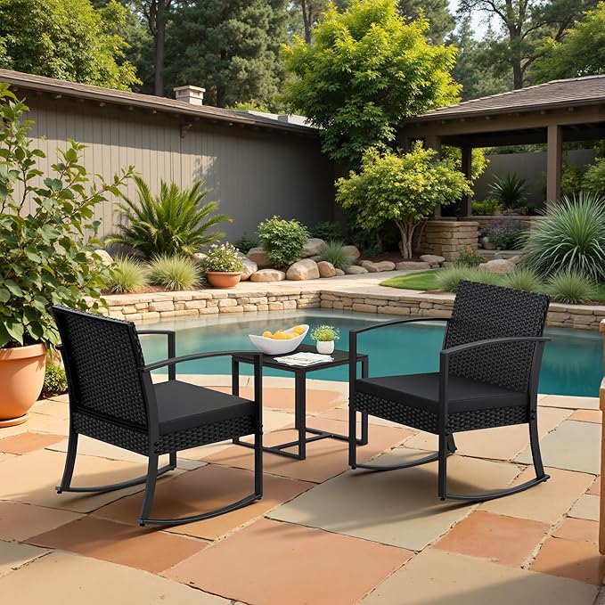 Homall Patio Furniture Set 3 Piece Resin Outdoor Bistro Set Rocking Patio Chairs with Cushions and Table for Porch, Poolside, Balcony and Yard (Black)