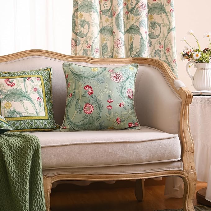 patdrea Designer Pack of 2 Square Throw Pillow Covers,French Vintage Rustic Linen with Green Floral Pattern Pillows Cover,Decorative Pillowcases Cushion for Bed Living Room Outdoor Car,18"x18"