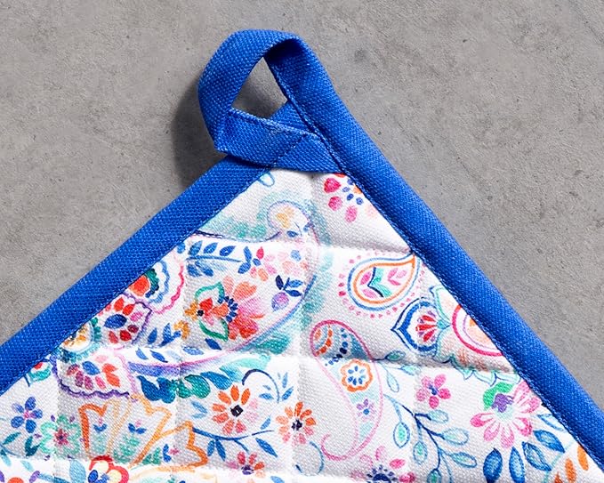 Maison d' Hermine Pot Holders Set 100% Cotton Heat Resistant Potholders 8" x 8" Hot Pads with Loop BBQ, Cooking, Baking, Grilling, Kitchen, Handling Hot Pans Spring/Summer (Pack of 2, Indian Floral)