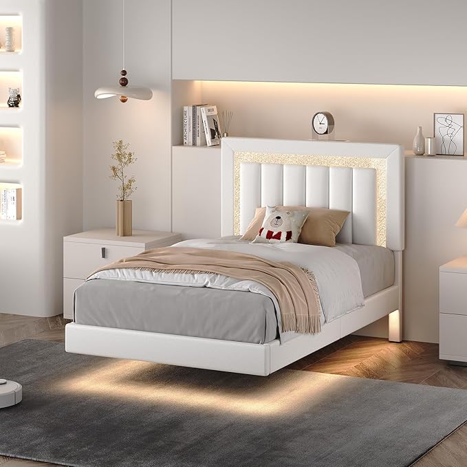 HOMBCK Floating Bed Frame Full with Smart LED Lights, Faux Leather Upholstered Platform Bed with Diamond PU Headboard, No Box Spring Needed, Noise-Free, Easy Assembly, White