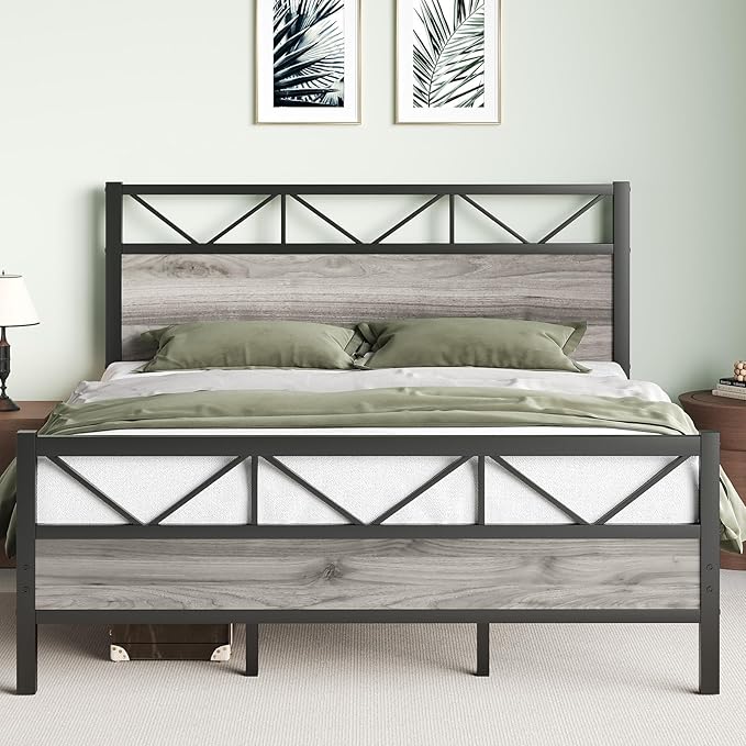 King Size Bed Frame, King Bed Frame and 51.2" Tall Industrial Headboard, King Platform Bed Frame with Strong Steel Slats Support, Noise Free, No Box Spring Needed, Easy Assembly, Rustic Brown
