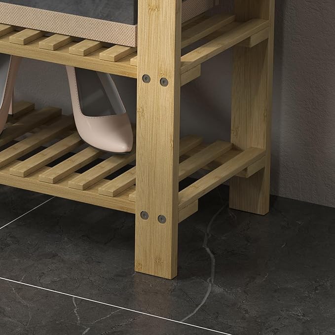 HOMCOM Bamboo Shoe Bench, 3-Tier Entryway Bench with Storage and Cushion, Shoe Organizer for Entryway, Hallway, Holds Up to 331 lbs, 35.4 x 11.4 x 19.3 Inches, Cream White