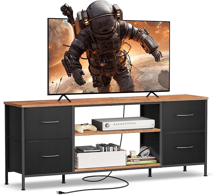 TV Stand for Bedroom, Television Stand for TV up to 55 Inch Entertainment Center Dresser with 4 Drawers Open Storage Shelves for Living Room, Entryway (Black and Rustic Brown)