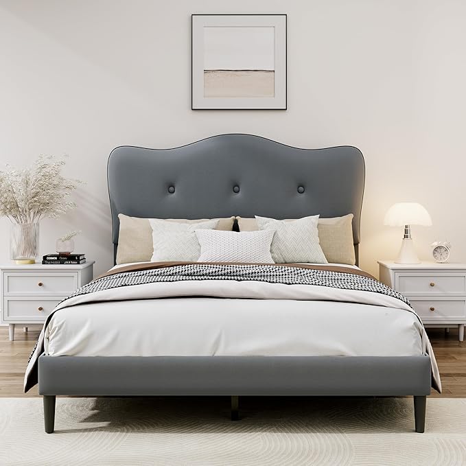 Twin Size Bed Frame, Upholstered Bed Frame with Headboard, Platform Bed Frame with Wood Slats Support, No Box Spring Needed, Adjustable Height Headboard, Dark Grey
