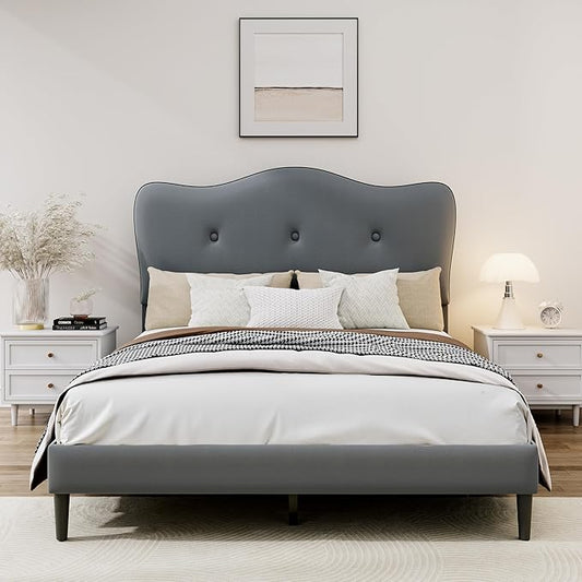 Twin Size Bed Frame, Upholstered Bed Frame with Headboard, Platform Bed Frame with Wood Slats Support, No Box Spring Needed, Adjustable Height Headboard, Dark Grey