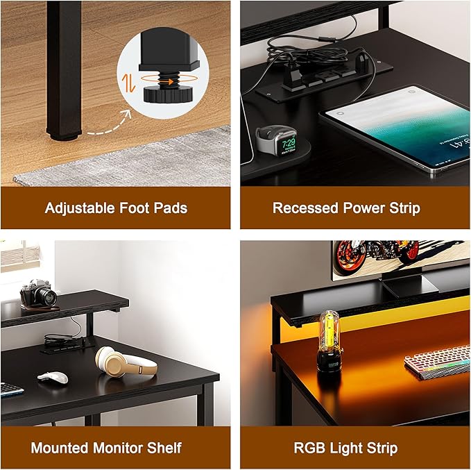 Need 60 inch Computer Desk with LED Lights & Power Outlets, Large Home Desk with Monitor Shelf, Writing Table Gaming Desk Home Office Desk, Black