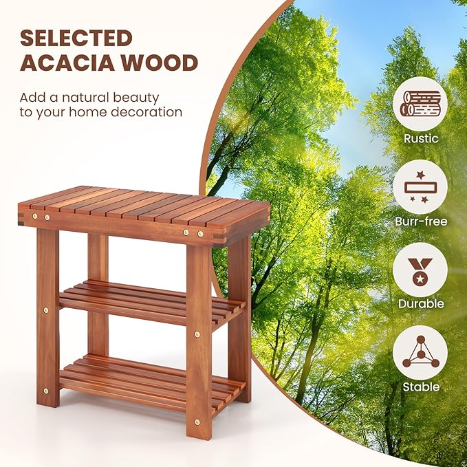 Tangkula Acacia Wood Shoe Rack Bench, 3 Tier Sturdy Bench, Storage Organizer, Holds up to 180lbs for Entryway, Bedroom, Living Room, Balcony, Teak Color (19-inch)