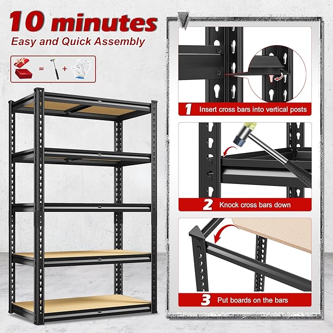 REIBII Storage Shelves 2020LBS Garage Shelving Heavy Duty 5 Tier Metal Shelving Adjustable Metal Shelf 59.8" H Pantry Shelf for Kitchen Warehouse Basement 28" W x 12" D x 59.8" H, Black