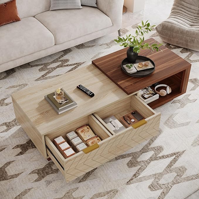 Tribesigns Extendable Coffee Table with 2 Storage Drawers, Dual-Tone Center Table with Sliding Tabletop, Multi-Functional Hidden Storage Wooden Rectangle Cocktail Table for Living Room (Walnut & Oak)
