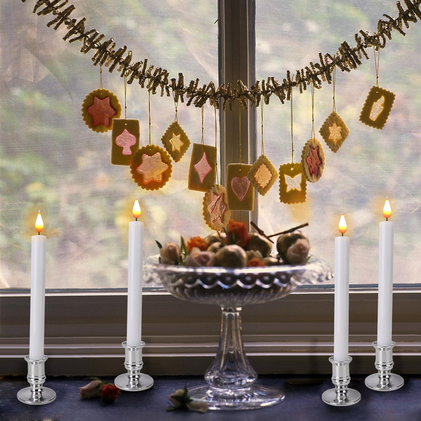 LED Flameless Window Candles with Remote Timer Sliver Base 10 PCS Battery Operated Flickering Taper Candle Lights with Removable Candle Holders Best Gift for Xmas Wedding Home Dinner Décor