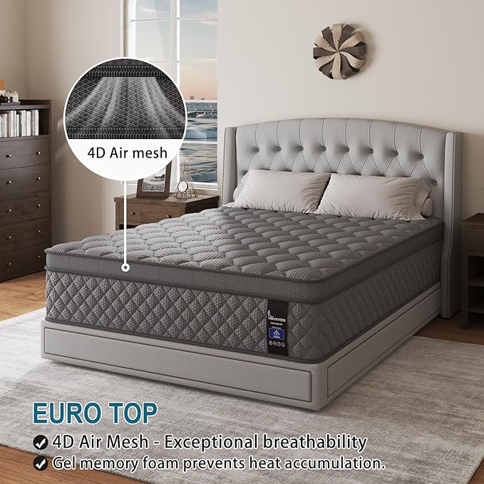 Queen Mattress, 12 Inch Hybrid Mattresses Grey, Euro Top Medium Firm for Back & Lumbar Support, 100 Night Trial, Individual Pocket Spring for Motion Isolation & Pressure Relief