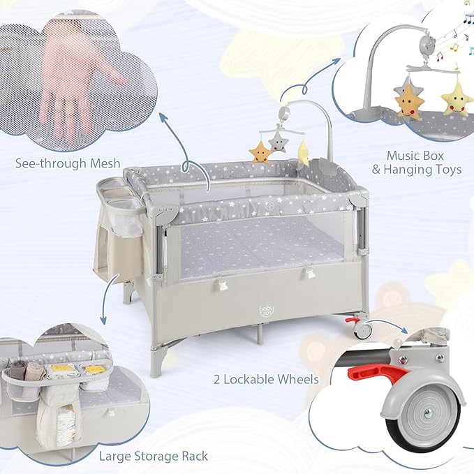 BABY JOY 5-in-1 Pack and Play, Portable Baby Bedside Sleeper with Bassinet, U-Shaped Diaper Changer, Safety Strap, Side Zipper Entrance, Hangings, Bedside Crib Playard from Newborn to Toddlers (Beige)