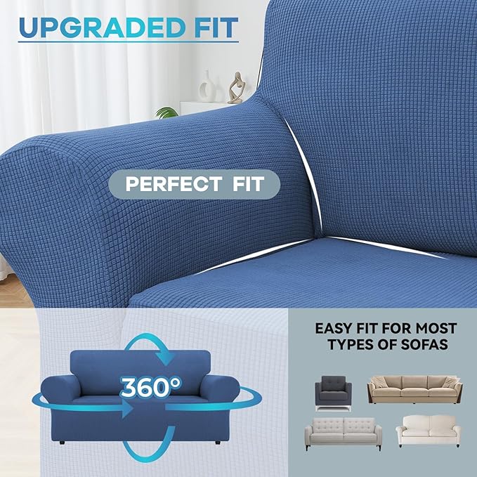 LURKA Stretch Loveseat Sofa Slipcovers 1 Piece Couch Covers for Sofa Furniture Protector Full Sofa Covers with Elastic Bottom for Kids and Dog (Blue, Medium)