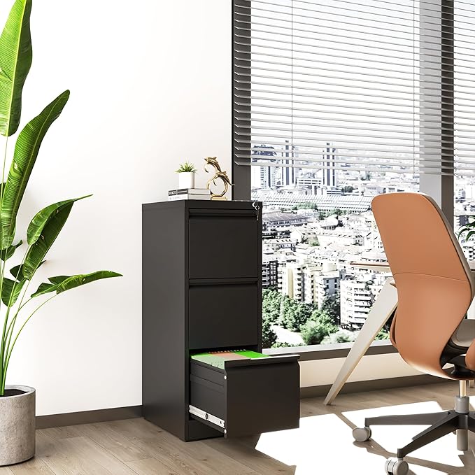 File Cabinet, Vertical File Cabinets with Lock for Home Office,Heavy Duty Office Steel Filing Cabinet for Hanging Letters/Legal/A4, Assembly Required (Black, 3 Drawers-New)