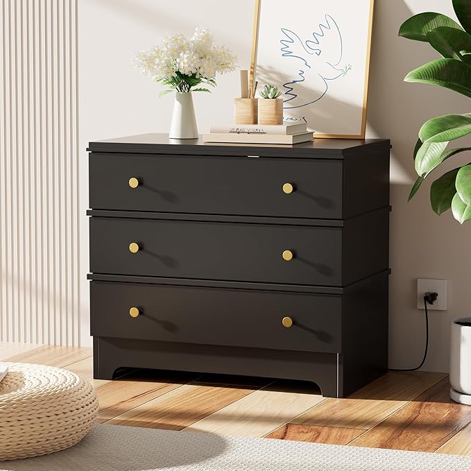 3 Drawer Nightstand with Charging Station,28" Farmhouse Night Stand & Modern Bedside Table, Wood End Table Storage Cabinet for Hallway, Entryway,Black Set of 2