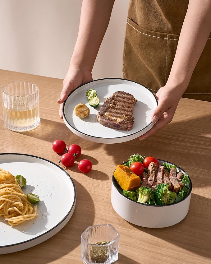 Famiware Nebula Plates and Bowls Sets, 18 Pieces Dinnerware Sets, Dishes Set for 6, White with Black Rim