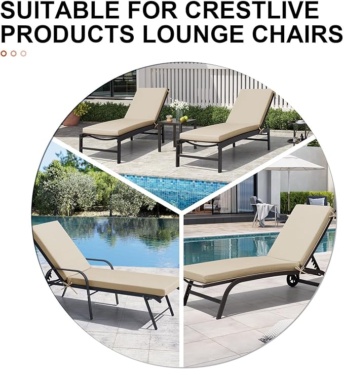 Crestlive Products Sunbrella Chaise Lounge Cushion, Outdoor Chair Cushion for Patio Furniture, Waterproof Lounge Cushions for Pool, Deck, Lawn, 72''L x 21''W, Canvas Antique Beige