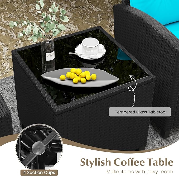 Tangkula 3 Piece Patio Furniture, Rattan Conversation Set w/Soft Seat & Back Cushions, Tempered Glass Topped Coffee Table, Cushioned Wicker Seating Set for Backyard, Porch, Poolside