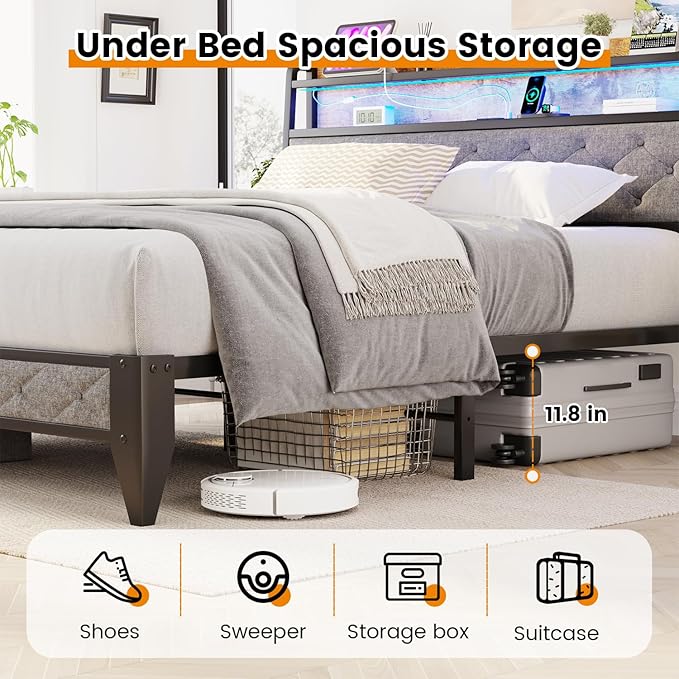 Winkalon Full Led Bed Frame with Headboard, Bed Frame with Charging Station, Metal Platform Bed Frame Full Size No Box Spring Needed, Modern Wood Upholstered Headboard and Under Bed Storage