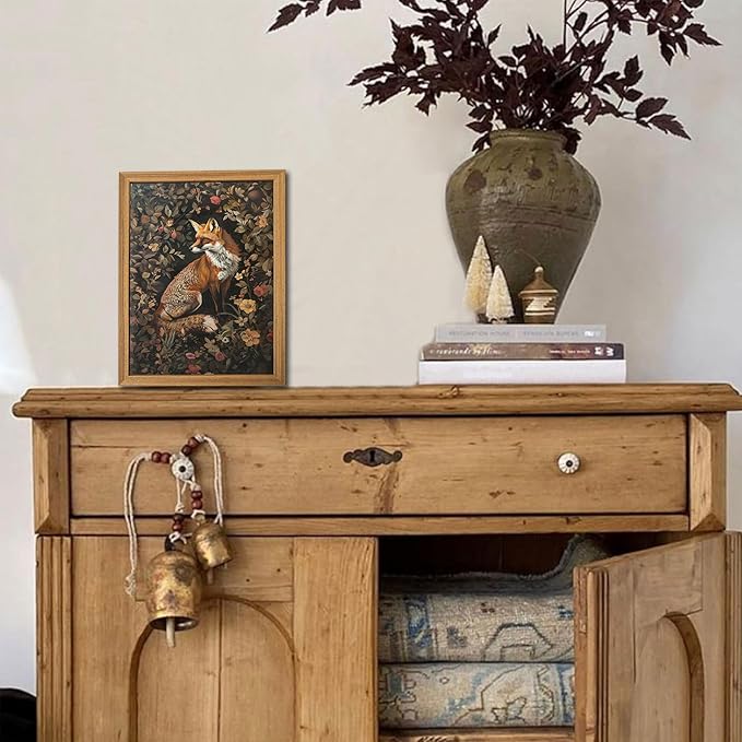 Framed 3D Textured Vintage Wall Art - Dark Academia Decor Hand Drawn Sandstone Fox Paintings with Botanical Florals, Aesthetic Wall Decor for Living Room Bedroom Home 8x10 inch