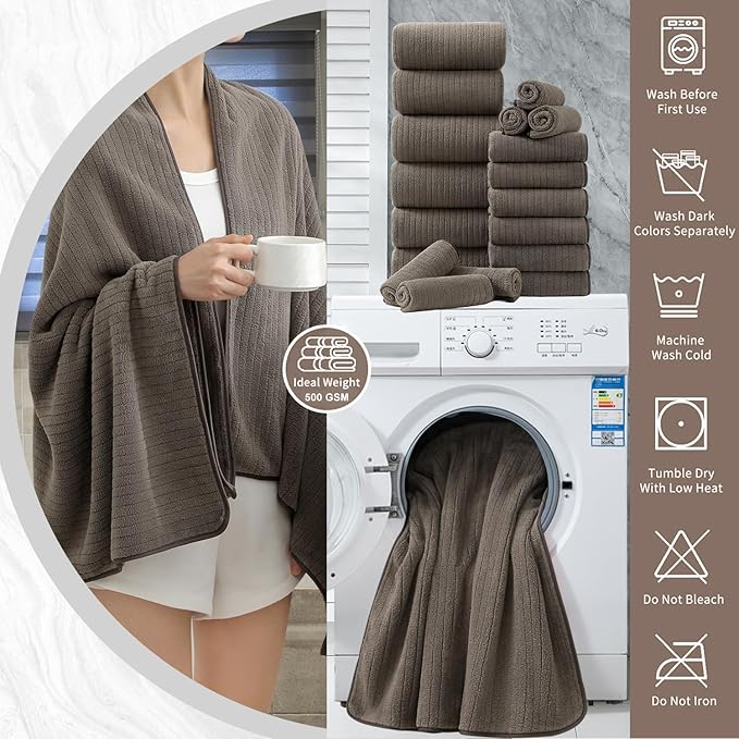 18 Piece Bath Towels Set,Super Soft Family Bathroom Towel Set with Hanging Loops-6 Bath Towels,6 Hand Towels,6 Washcloths,Highly Absorbent Quick Dry Shower Towel for Bathroom,Hotel,Spa-Brown Towel Set