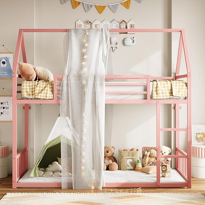 LIKIMIO Bunk Bed Twin Over Twin, House Bunk Bed Frame with Ladder and Guardrail, House Shaped with Metal Slats for Dormitory and Bedroom, Space Saving, No Box Spring Needed, Pink