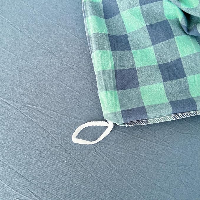 FACE TWO FACE Bedding Duvet Cover Set100% Washed Cotton Duvet Cover Linen Like Textured Breathable Durable Soft Comfy (Queen, Blue Green Grid)