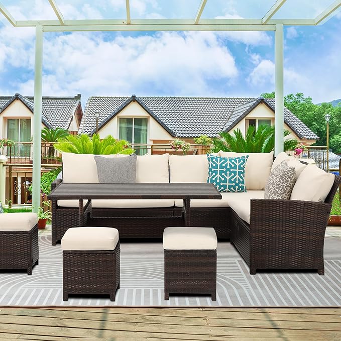 Wisteria Lane Patio Furniture Set, 7 Piece High Curved Back Outdoor Dining Sectional Sofa with Dining Table and Chair, All Weather Wicker Conversation Set with Ottoman, Ivory