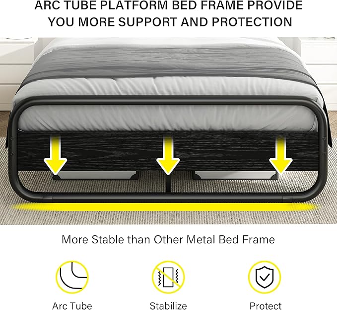 Catrimown Twin Size Bed Frame with LED Lights, Twin Size Platform Bed Frame with Under Bed Storage, Heavy Duty Metal Rustic Bed Frame with Wood Headboard, Noise Free, No Box Spring Needed, Black