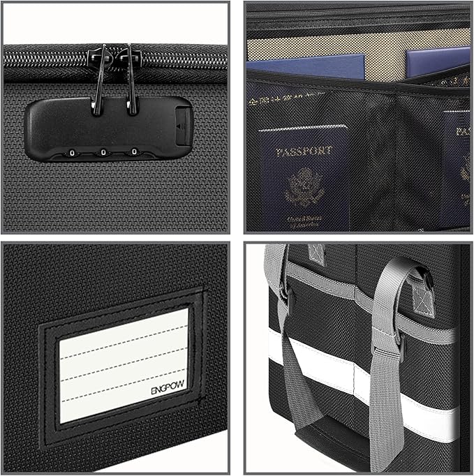 ENGPOW File Box with Lock, Fireproof Document Box with Pockets, Collapsible File Organizer Filing Storage Cabinet with Handle, Portable Home Office Safe for Hanging Letter/Legal Folders,Black,2 Pack