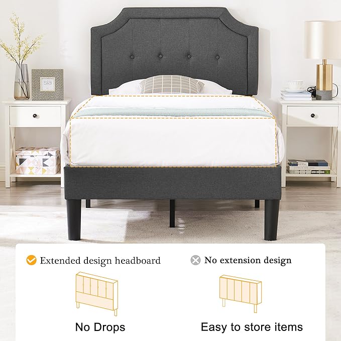 VECELO Twin Upholstered Platform Bed Frame with Adjustable Button Stitched Panel Headboard,Strong Wood Slat Support,Velcro Design,Mattress Foundation/Easy Assembly,Grey