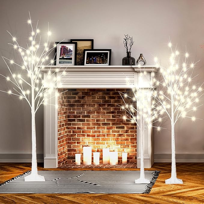 Lighted Birch Trees, 4FT 5FT 6FT(48 56 96LED) Pre-lit Birch Tree with Warm White, Artificial Birch Tree Outdoor/Indoor Christmas Easter Tree for Wedding Party Christmas Decoration -3PC