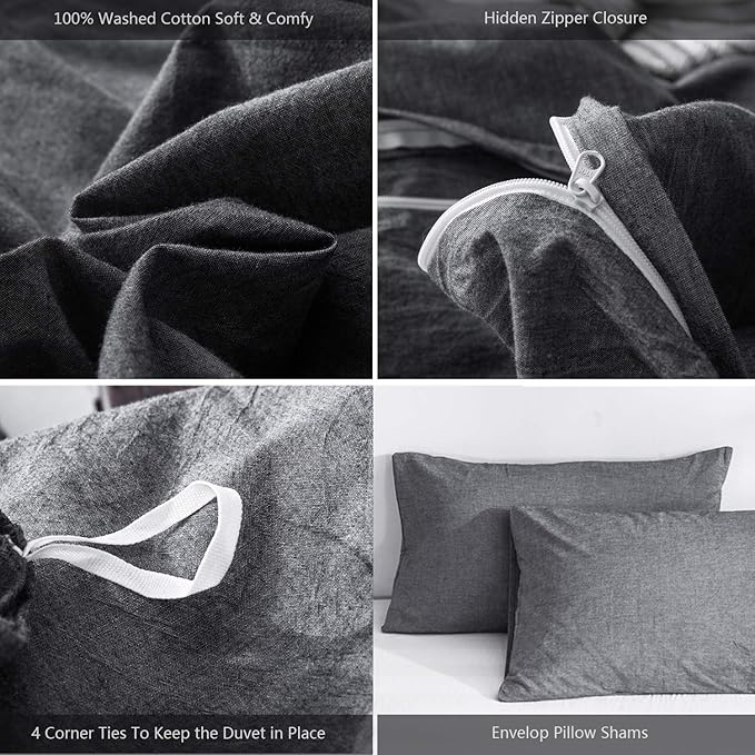 MooMee Bedding Duvet Cover Set 100% Washed Cotton Linen Like Textured Breathable Durable Soft Comfy (Heathered Dark Grey, Super Queen 90"x98")