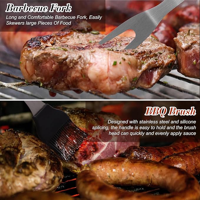 Griddle Accessories Kit - Grilling Accessories, Stainless Steel Heavy Duty Grill Tools Set with Spatula, Fork, Tongs, Brush and Gift-Box for Outdoor Barbecue, Home Grill (4PCS)