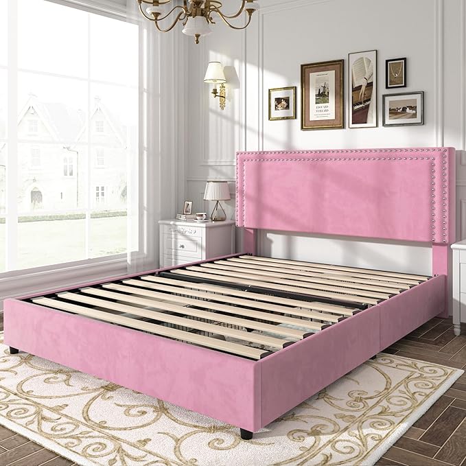 VECELO Full Size Upholstered Platform Bed Frame with 4 Storage Drawers, Adjustable Velvet Rivet Decor Headboard, Wooden Slats Support, No Box Spring Needed, Easy Assembly